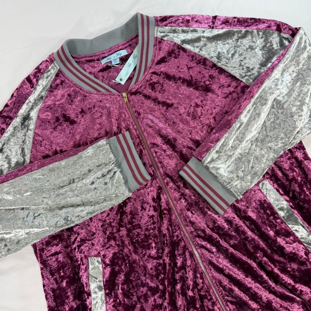 She + Sky Magenta Silver Crushed Velvet Bomber Jacket‎ Womens 1XL NWT PSL5707